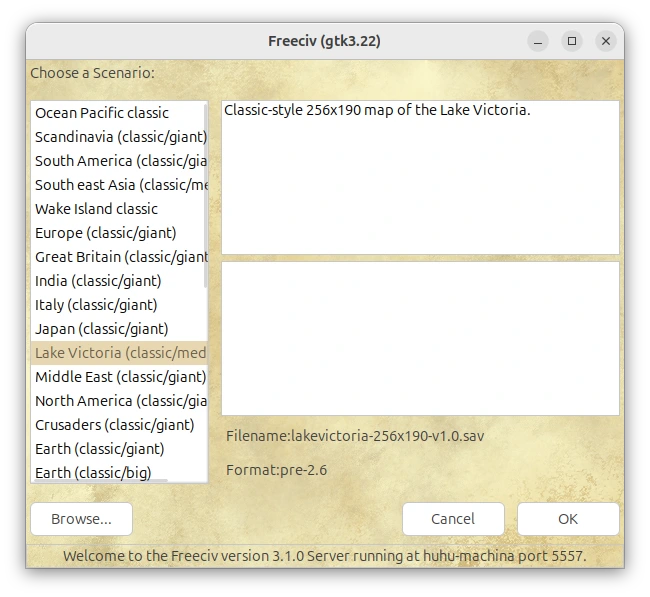 Scenario selection screen of Freeciv