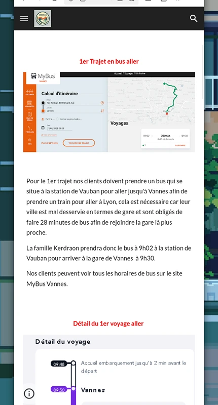 Vue mobile d'un site de transports de voyageurs