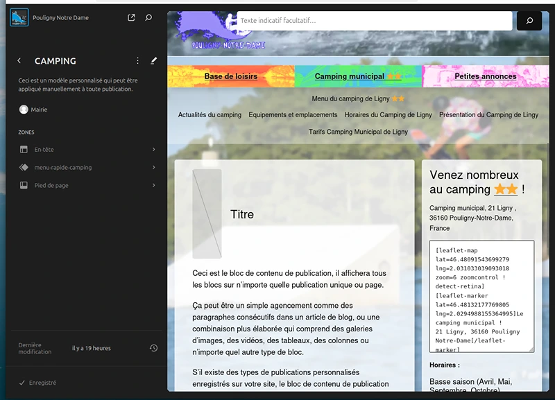 Editeur de thèmes WordPress, avec vue du thème du camping de Ligny.