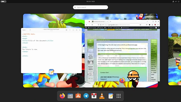 Un bureau gnome avec des pages web et un editeur de texte